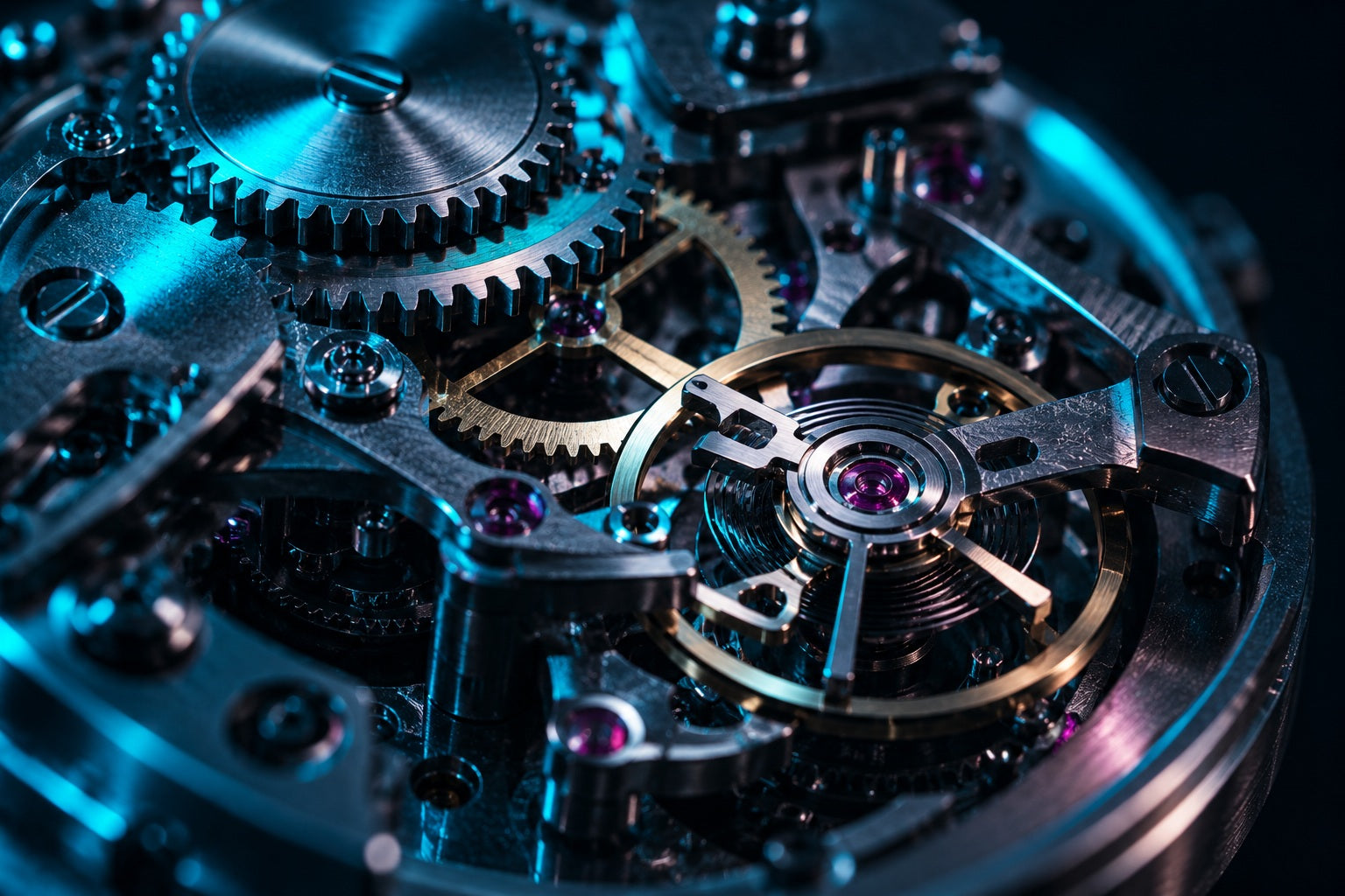 Connected precision gears photographed in a dark studio