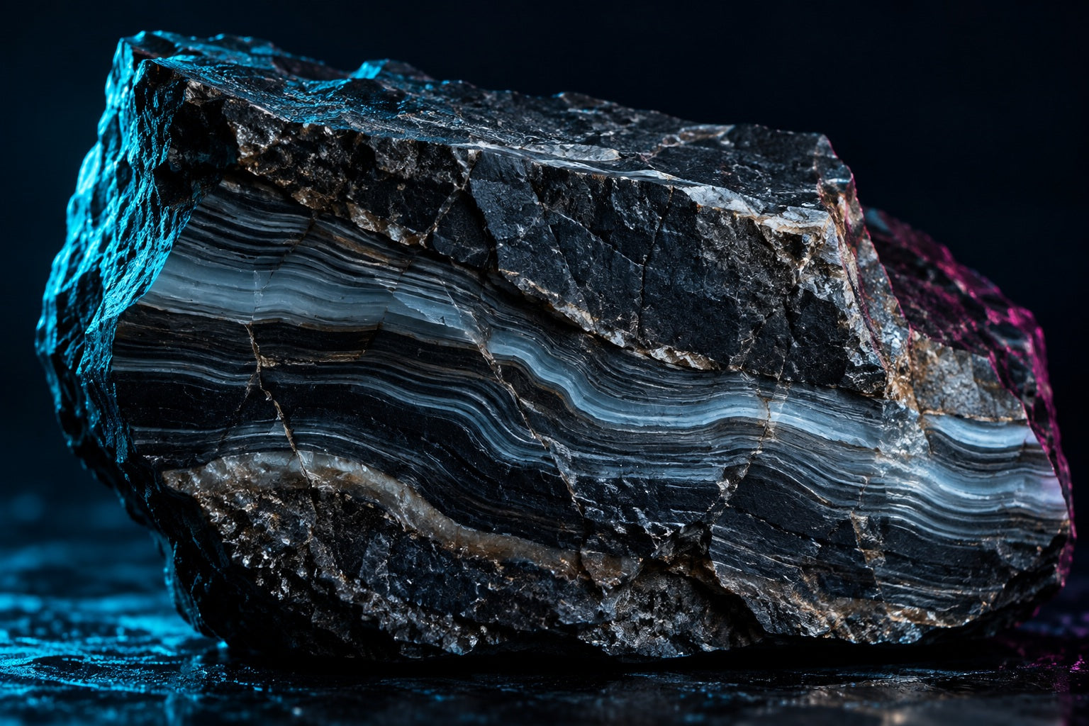 Detailed mineral layers illuminated by a restrained cyan light