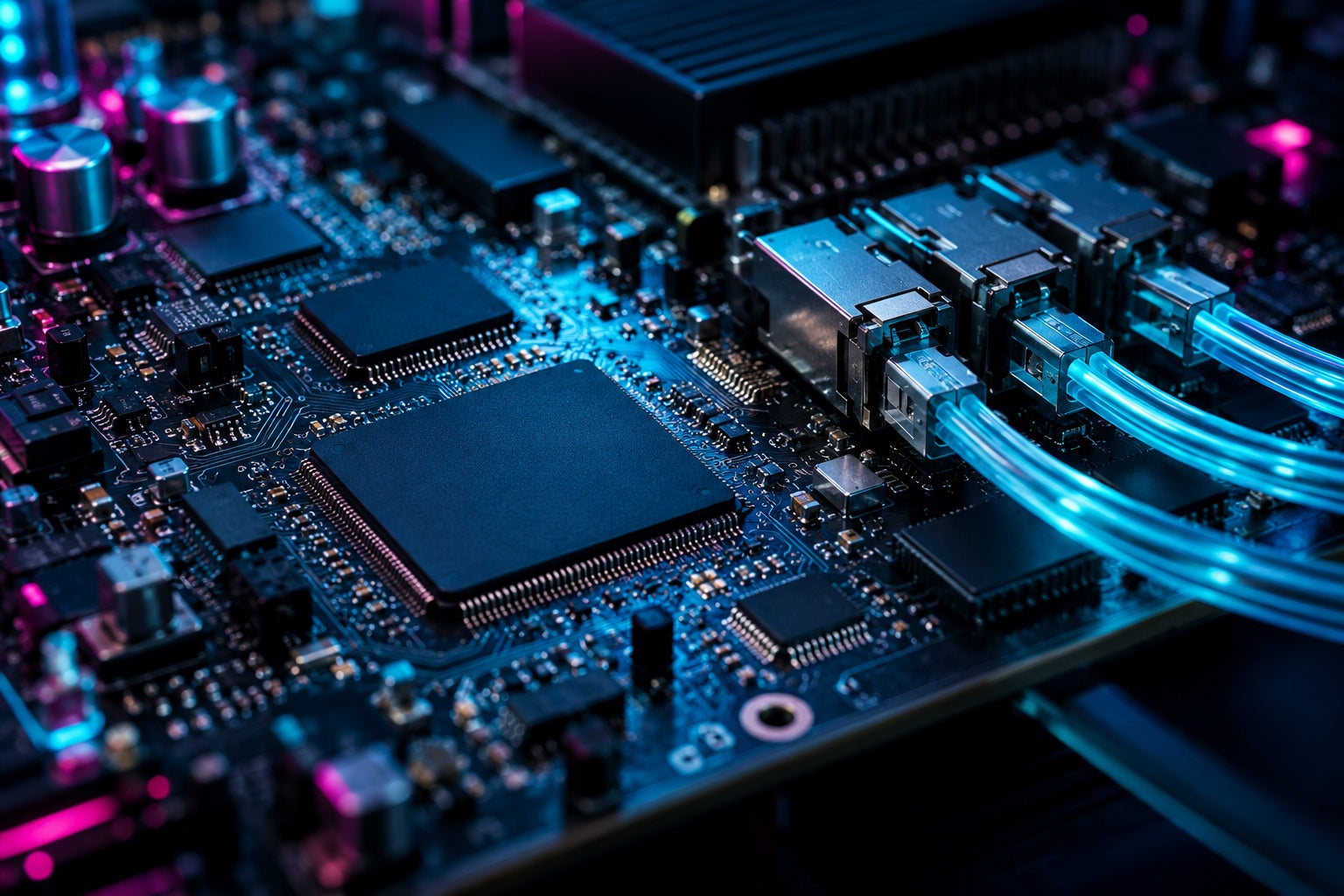 Precise electronic circuitry and connected fiber-optic ports