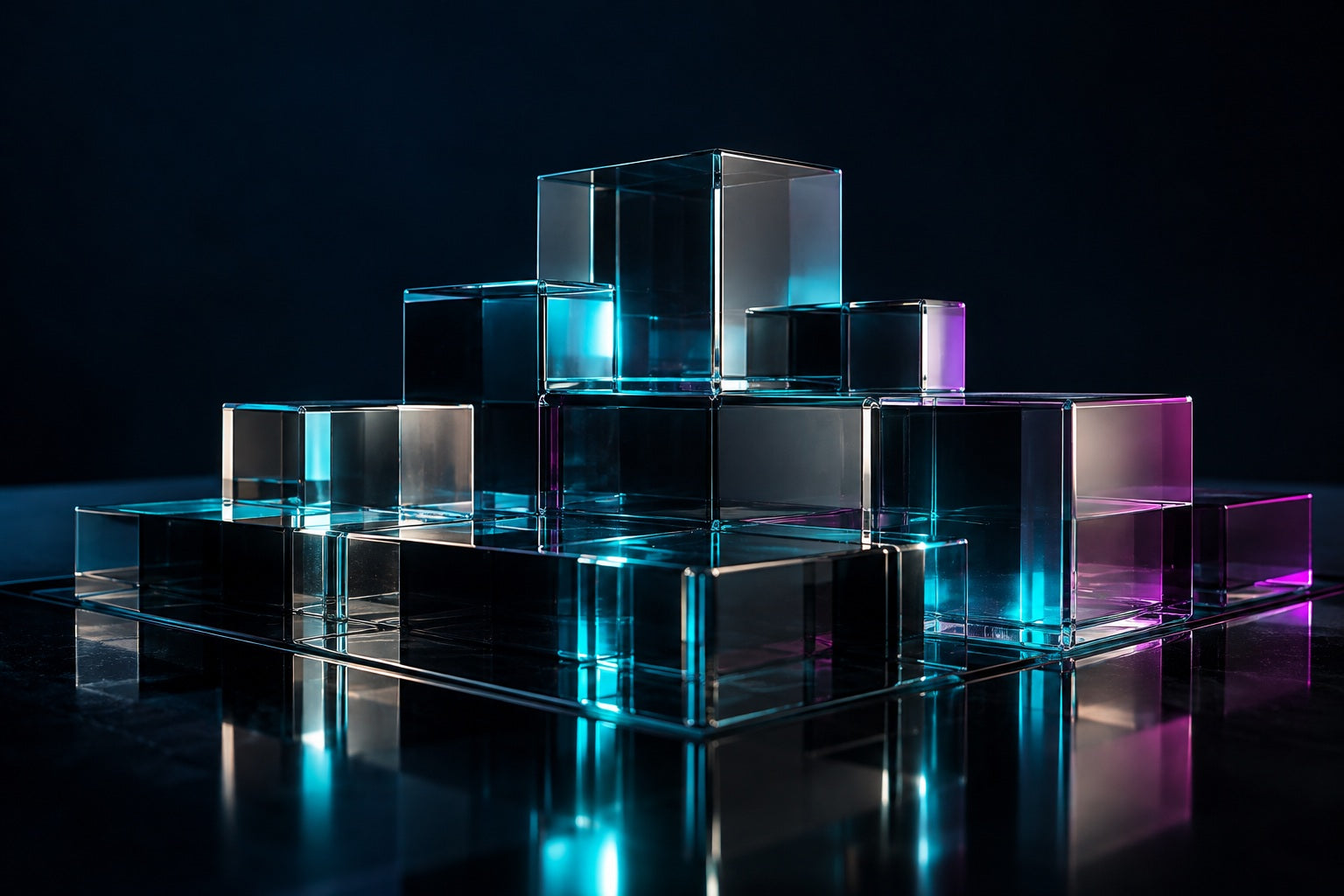 Modular dark glass structures assembled into a coherent system