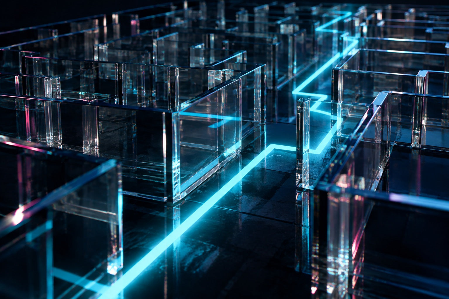 An illuminated route through a real glass labyrinth