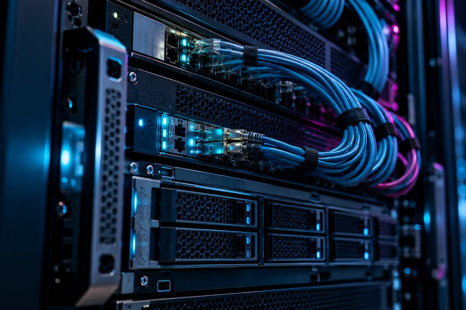 Realistic server equipment with subtle cyan indicator lights