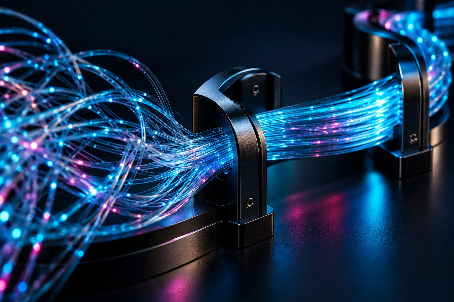 Fiber-optic strands guided into an aligned ribbon